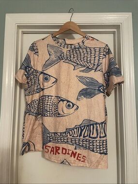 SHEIN Beige Tee with Blue Sardine Graphic